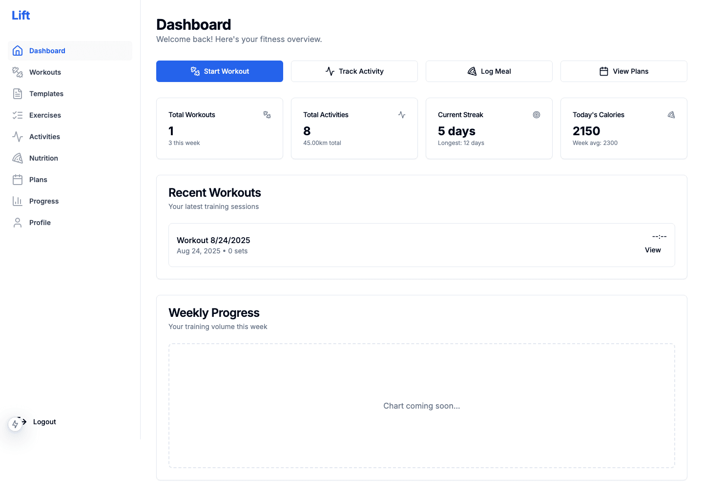 LiftStreak trainer workout dashboard web app screenshot